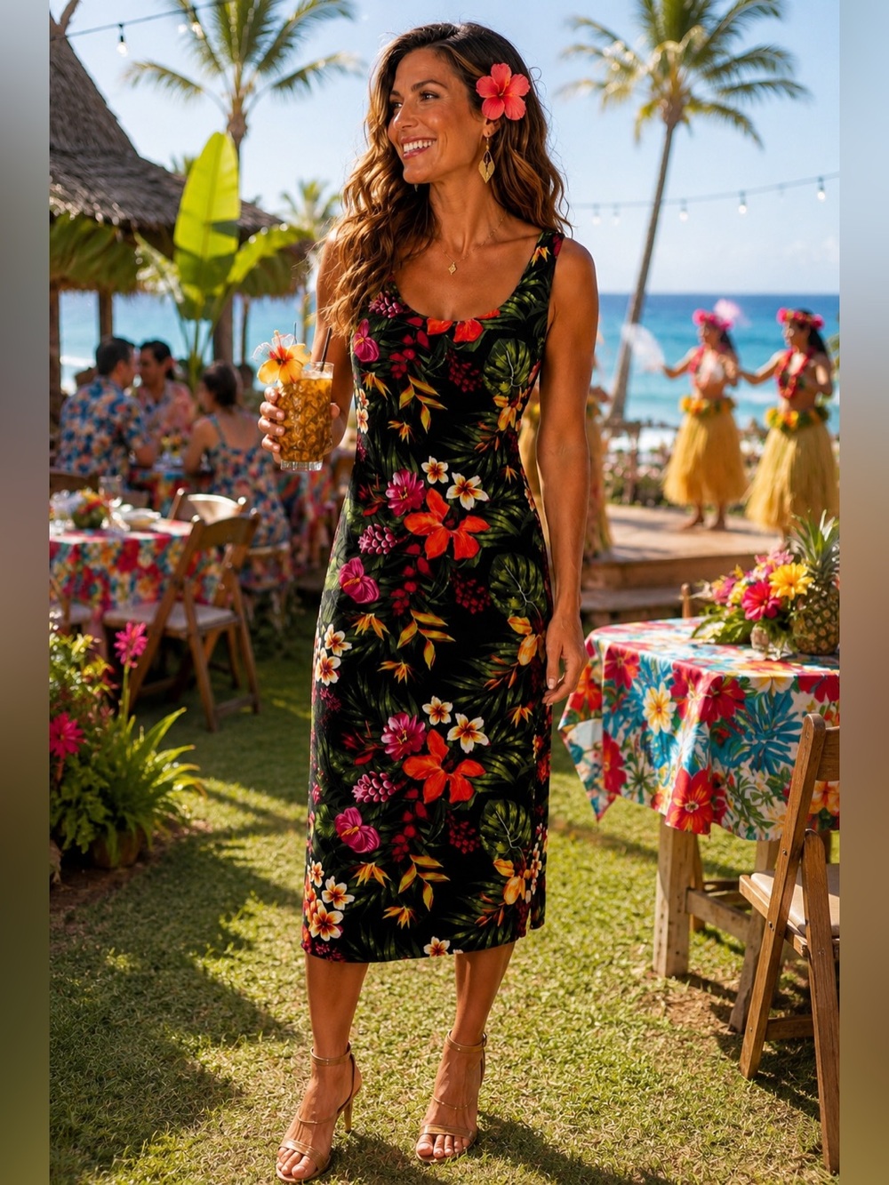 Popular Basics Tropical Floral Bodycon Midi Dress L Black Hawaiian Resort Soft